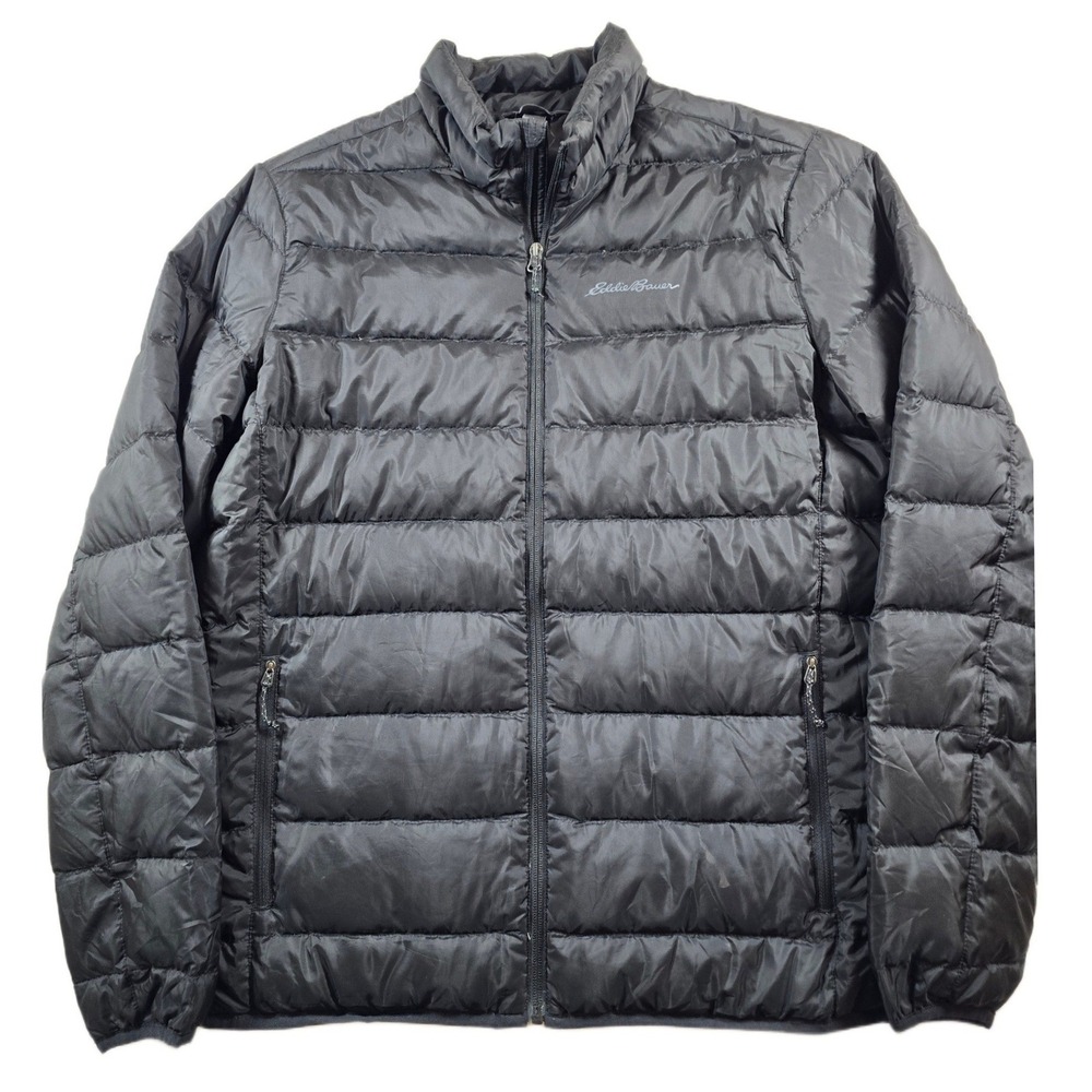 Eddie Bauer Down Puffer Jacket Mens Large Black Insulated EB650 Full Zip Coat